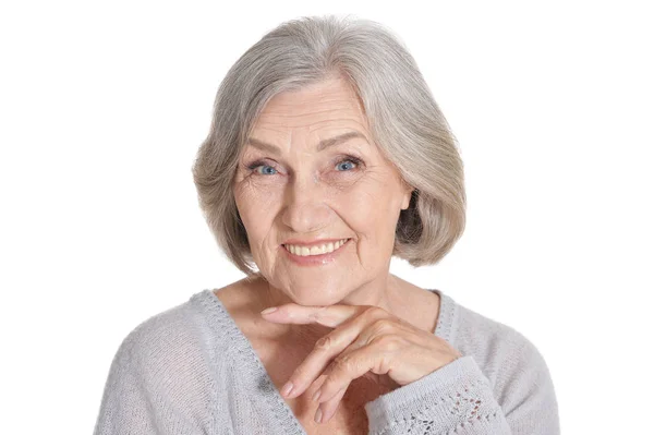 Ritratto Bella Donna Anziana Posa Sfondo Bianco — Foto Stock
