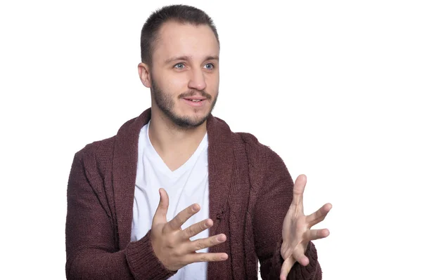 Bonito Jovem Posando Contra Fundo Branco — Fotografia de Stock