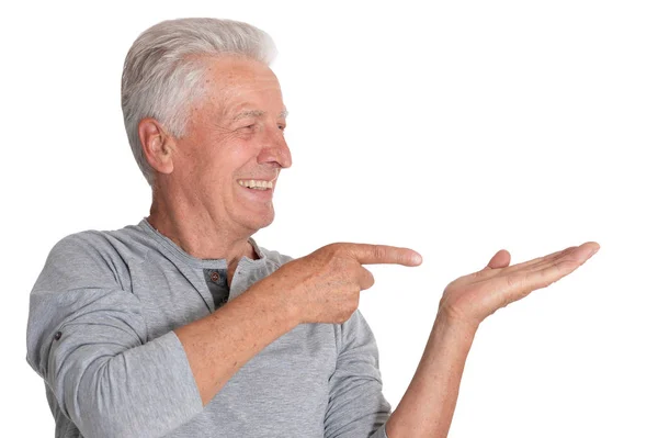 Portrait Senior Man Showing Something Isolated White Background — Stock Photo, Image