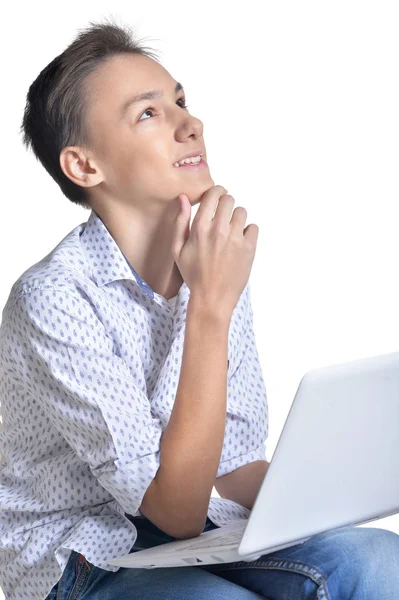 Studio Portrait Teenage Boy Using Laptop Isolated White Background — Stock Photo, Image