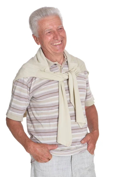 Portrait Senior Man Holding Hands Pockets Posing Isolated White Background — Stock Photo, Image