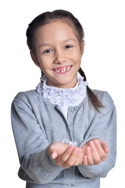 Portret Van Schattige Kleine Meisje Vragen Iets Geïsoleerd Witte Achtergrond — Stockfoto