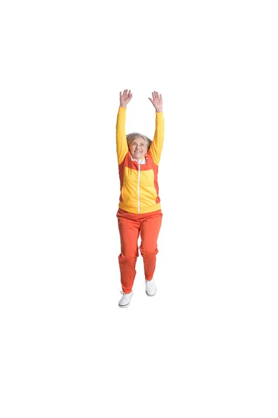 Senior Woman Jumping White Background — Stock Photo, Image