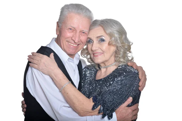 Portrait Happy Senior Couple Hugging Isolated White Background — Stock Photo, Image