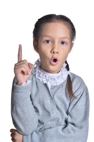 Portrait Cute Little Girl Has Idea Isolated White Background — Stock Photo, Image