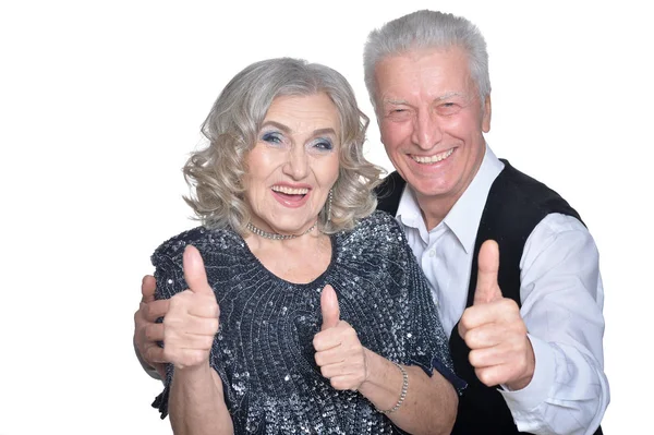 Portrait Happy Senior Couple Thumbs Isolated White Background — Stock Photo, Image