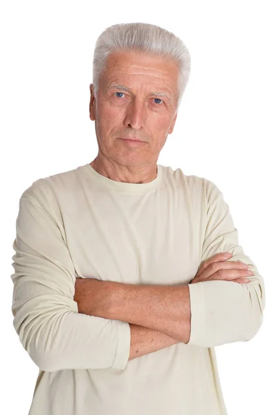 Portrait Confident Senior Man Crossed Arms Posing Isolated White Background — Stock Photo, Image