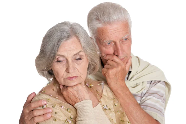 Portrait Sad Senior Couple Isolated White Background — Stock Photo, Image