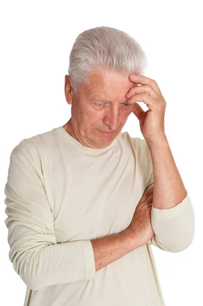 Doordachte Senior Man Holding Hand Voorhoofd Geïsoleerd Witte Achtergrond — Stockfoto