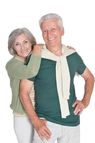 Porträtt Happy Senior Par Omfamna Isolerade Vit Bakgrund — Stockfoto