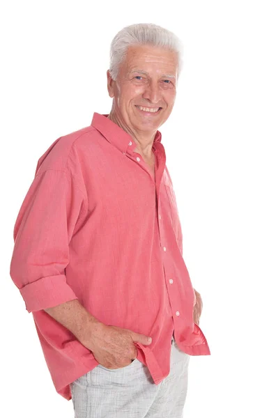 Smiling Senior Man Holding Hands Pockets Posing Isolated White Background — Stock Photo, Image