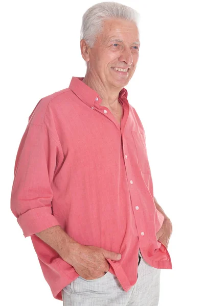 Smiling Senior Man Holding Hands Pockets Posing Isolated White Background — Stock Photo, Image