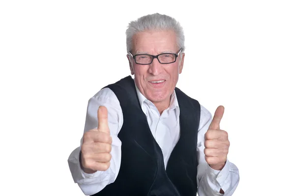 Portret Van Senior Man Met Duimen Omhoog Geïsoleerd Witte Achtergrond — Stockfoto