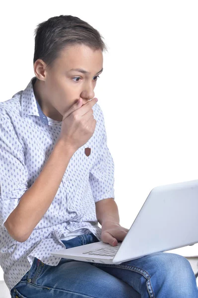 Studio Portrait Teenage Boy Using Laptop Isolated White Background — Stock Photo, Image