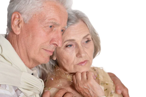 Portret Van Triest Senior Paar Geïsoleerd Witte Achtergrond — Stockfoto