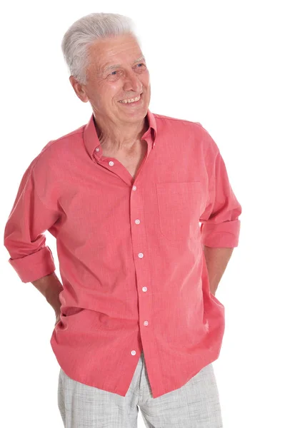 Homme Âgé Souriant Portant Une Chemise Rose Tenant Main Sur — Photo