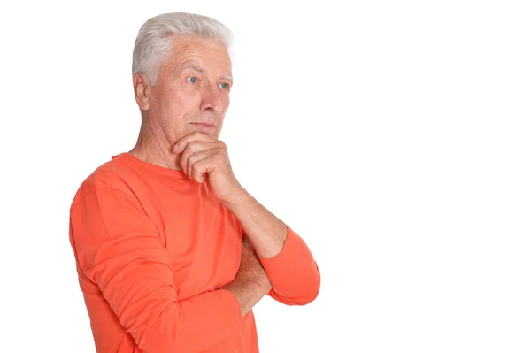Doordachte Senior Man Poseren Geïsoleerd Witte Achtergrond — Stockfoto