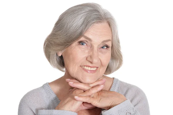Porträt Einer Schönen Seniorin Die Vor Weißem Hintergrund Posiert — Stockfoto