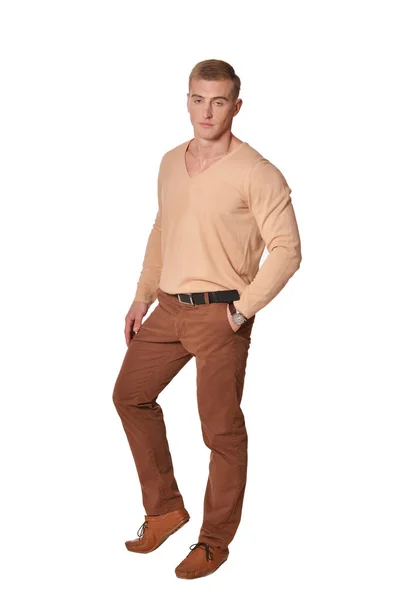 Snygg Ung Man Klädd Casual Kläder Poserar Isolerade Vit Bakgrund — Stockfoto