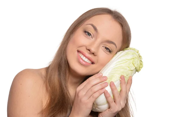 Retrato Una Hermosa Joven Con Repollo Aislado Sobre Fondo Blanco — Foto de Stock