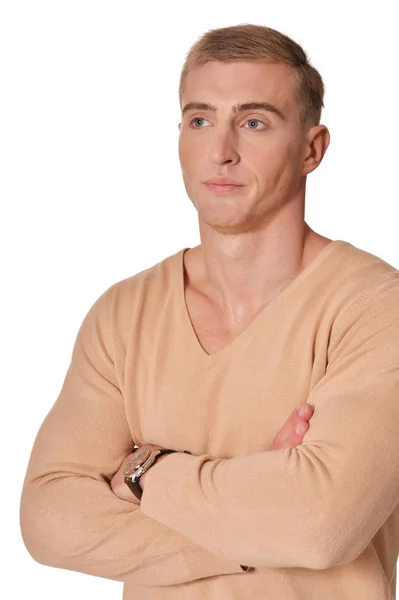 Knappe Jonge Man Het Dragen Van Casual Kleding Poseren Geïsoleerd — Stockfoto