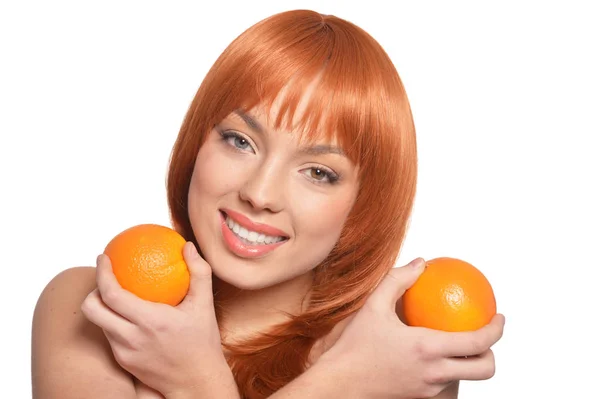 Narancs Fehér Alapon Izolált Narancsos Fiatal Portréja — Stock Fotó