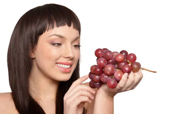 Portrait Young Woman Posing Grapes Isolated White Background — Stock Photo, Image