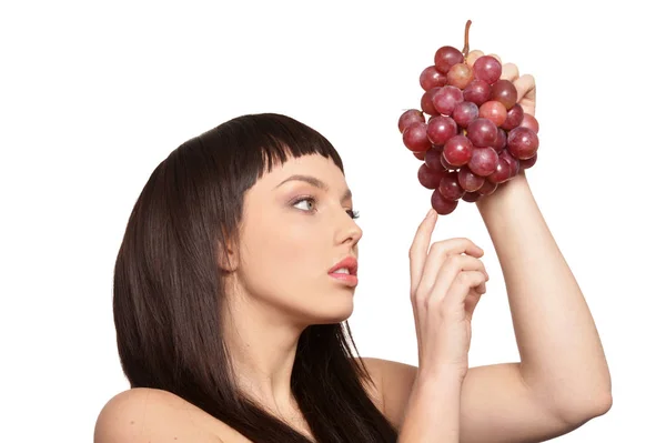 Portrait Young Woman Posing Grapes Isolated White Background — Stock Photo, Image