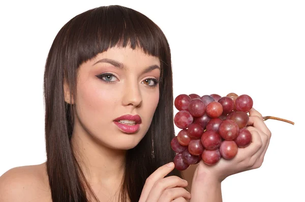 Portret Van Jonge Vrouw Poseren Met Druiven Geïsoleerd Witte Achtergrond — Stockfoto