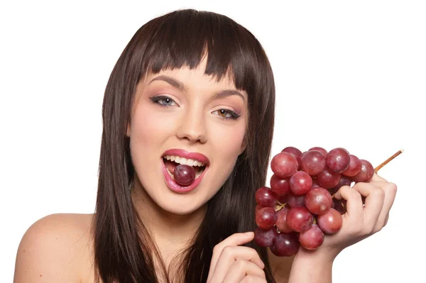 Ritratto Giovane Donna Posa Con Uva Isolata Sfondo Bianco — Foto Stock