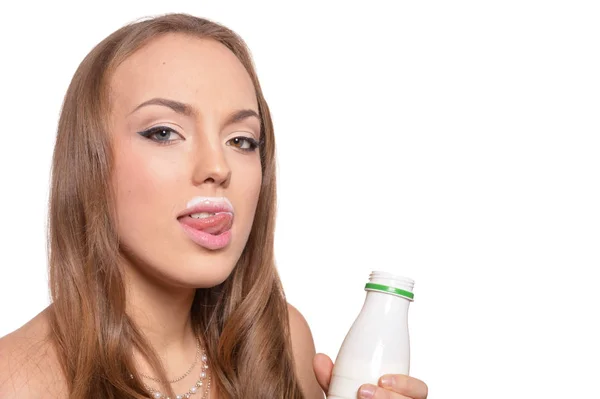 Portrait Beautiful Young Woman Milk Isolated White Background — Stock Photo, Image