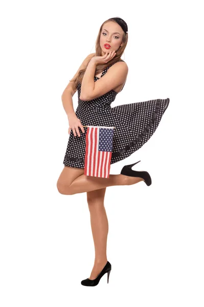 Portrait Young Woman Posing Flag Usa Isolated White Background — Stock Photo, Image