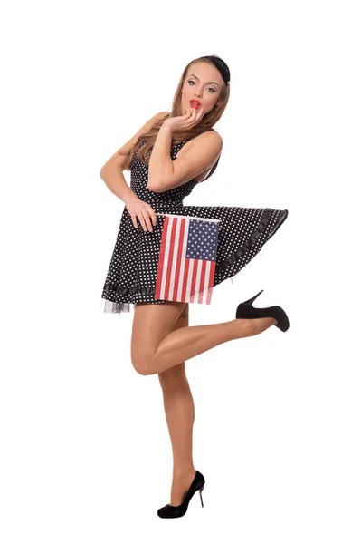 Ritratto Giovane Donna Posa Con Bandiera Degli Stati Uniti Isolata — Foto Stock
