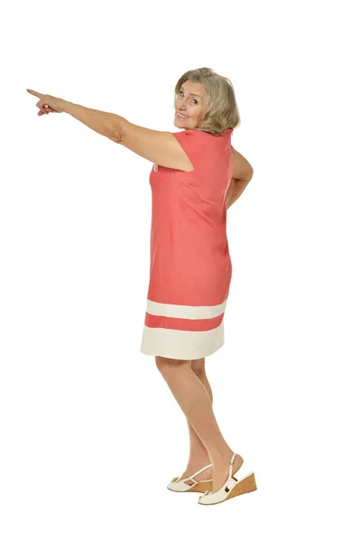 Happy Senior Woman Showing Something Isolated White Background — Stock Photo, Image