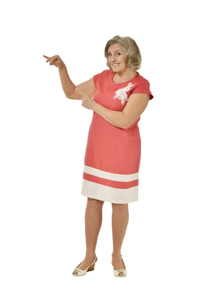 Счастливая Пожилая Женщина Показывает Изолированное Белом Фоне — стоковое фото