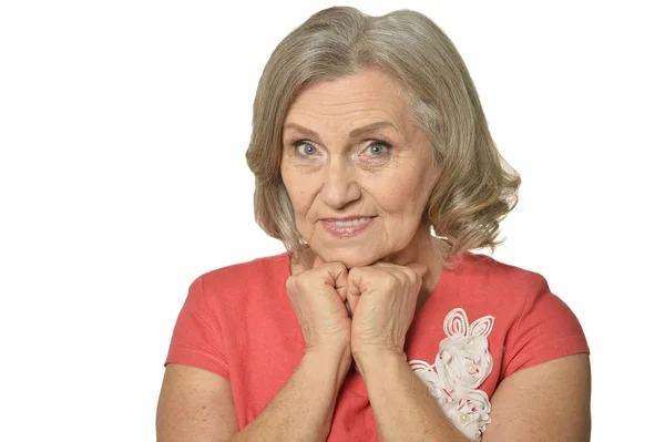 Portrait Happy Senior Woman Posing White Background — Stock Photo, Image