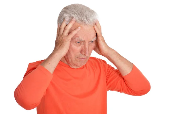 Πορτραίτο Λυπημένο Ανώτερος Άνθρωπος Πονοκέφαλο Που Απομονώνονται Λευκό Φόντο — Φωτογραφία Αρχείου
