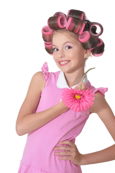 Portrait Emotional Little Pretty Girl Hair Curlers Posing Flower Isolated — Stock Photo, Image