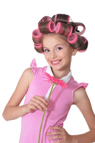 Portrait Emotional Little Pretty Girl Hair Curlers Posing Flower Isolated — Stock Photo, Image