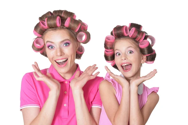 Anya és kis lánya hajcsavarók — Stock Fotó