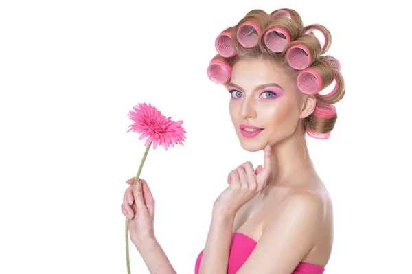 Retrato Mulher Bonita Com Encrespadores Cabelo Segurando Flor Gerbera — Fotografia de Stock