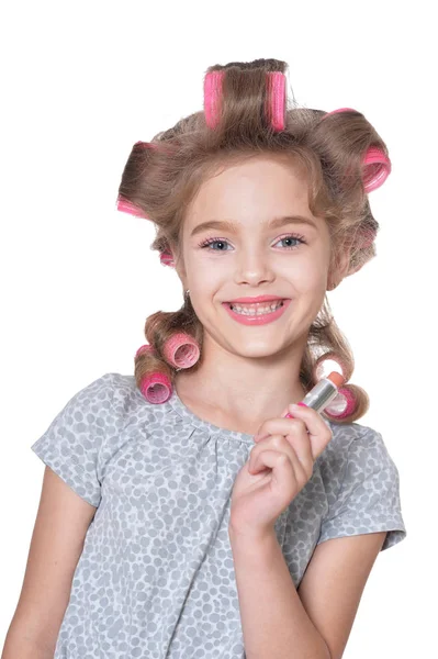 Little pretty girl   in hair curlers — Stock Photo, Image