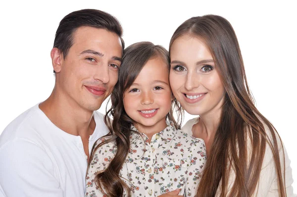 Glückliche dreiköpfige Familie auf weiß — Stockfoto