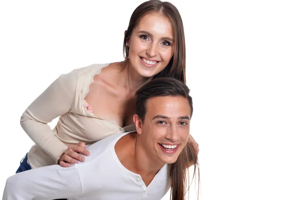 Retrato Pareja Joven Feliz Posando Aislada Sobre Fondo Blanco — Foto de Stock