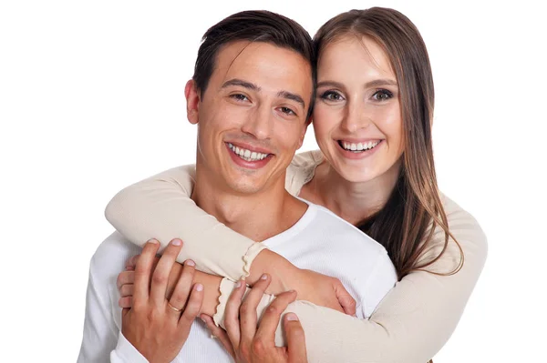 Retrato Feliz Jovem Casal Posando Isolado Fundo Branco — Fotografia de Stock