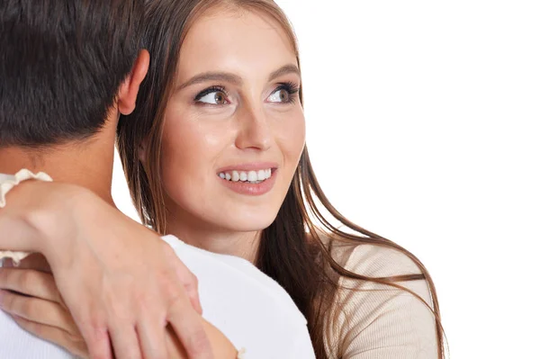 Retrato Pareja Joven Feliz Posando Aislada Sobre Fondo Blanco — Foto de Stock