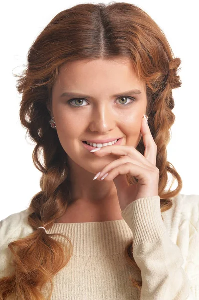 Portret Van Mooie Vrouw Met Vlechten Poseren Geïsoleerd Wit — Stockfoto