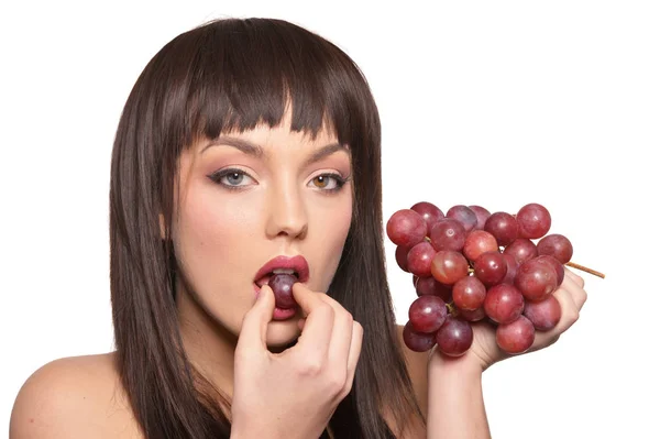 Portrait Young Woman Posing Grapes Isolated White Background Royalty Free Stock Photos