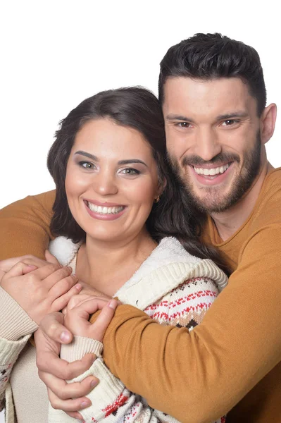 Portrait Happy Young Couple Smiling Hugging Isolated White Background — Stock Photo, Image