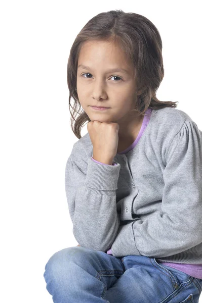 Portrait Cute Little Girl Posing Isolated White Background — Stock Photo, Image